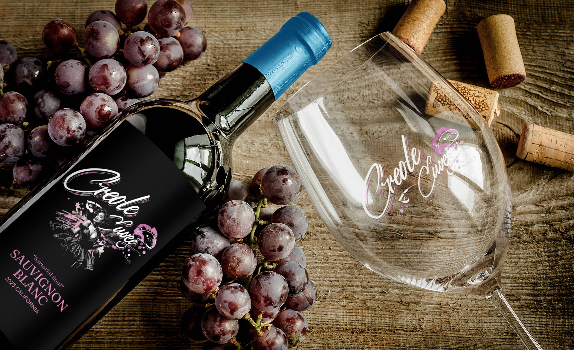 Wine bottle and glass with grapes on a wooden surface.