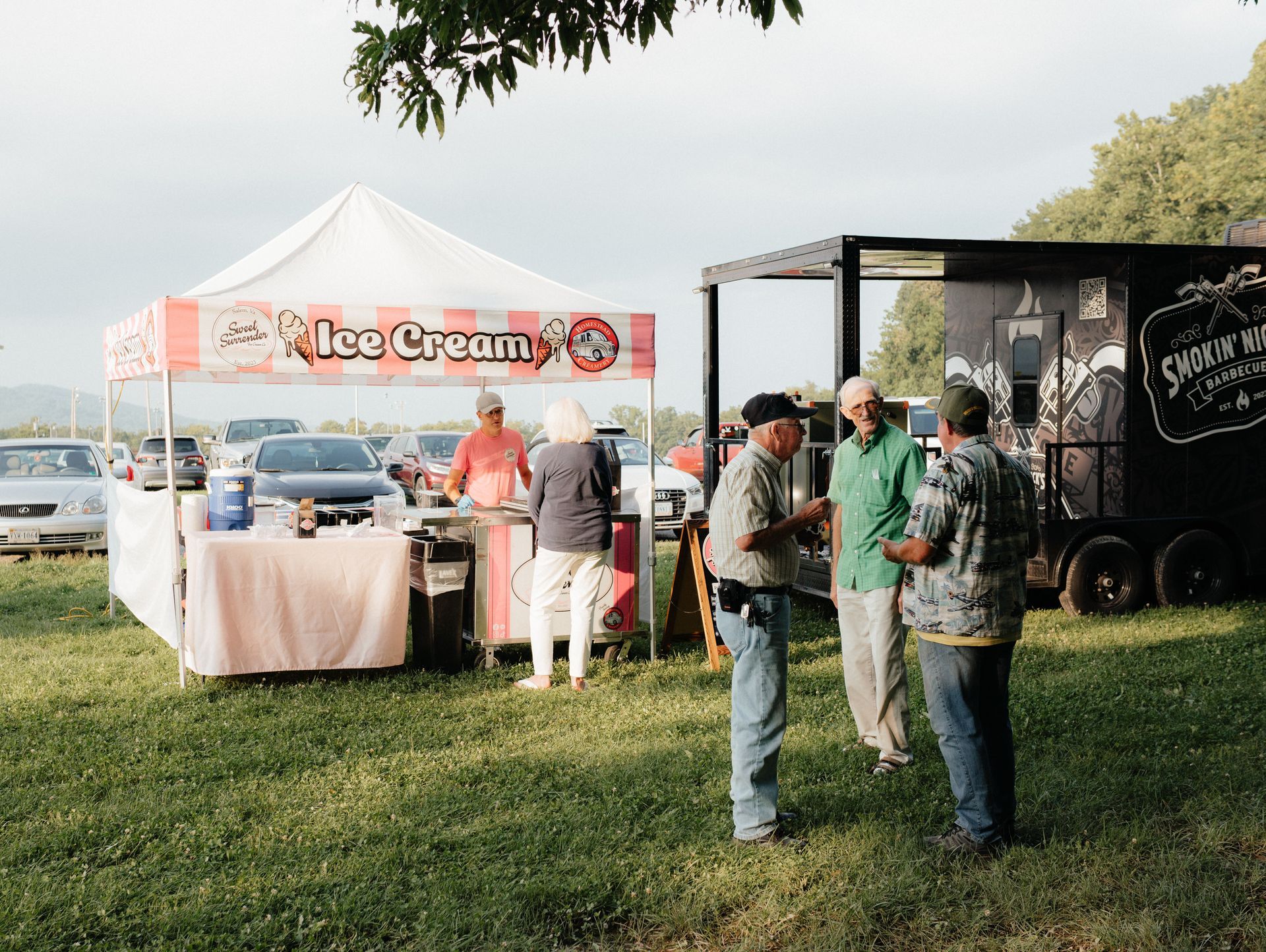 People at an outdoor event, with ice cream stand and food truck on a grassy field.