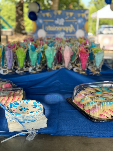A table with a blue table cloth and a tray of cookies on it