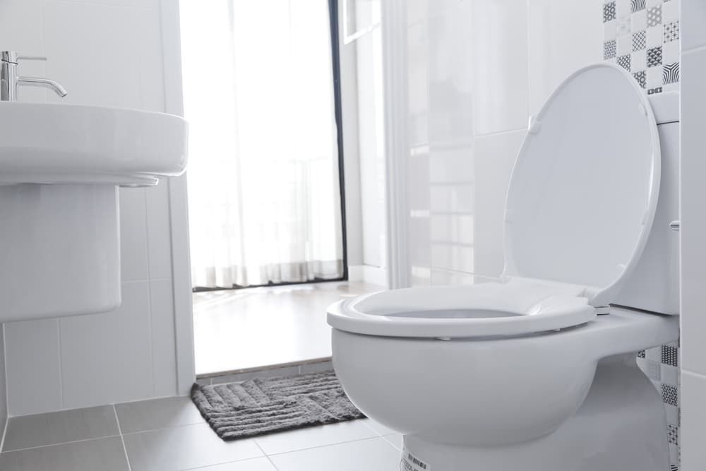 A White Toilet Is Sitting in A Bathroom Next to A Sink — Blair Merlehan Plumbing in Wagga Wagga, NSW