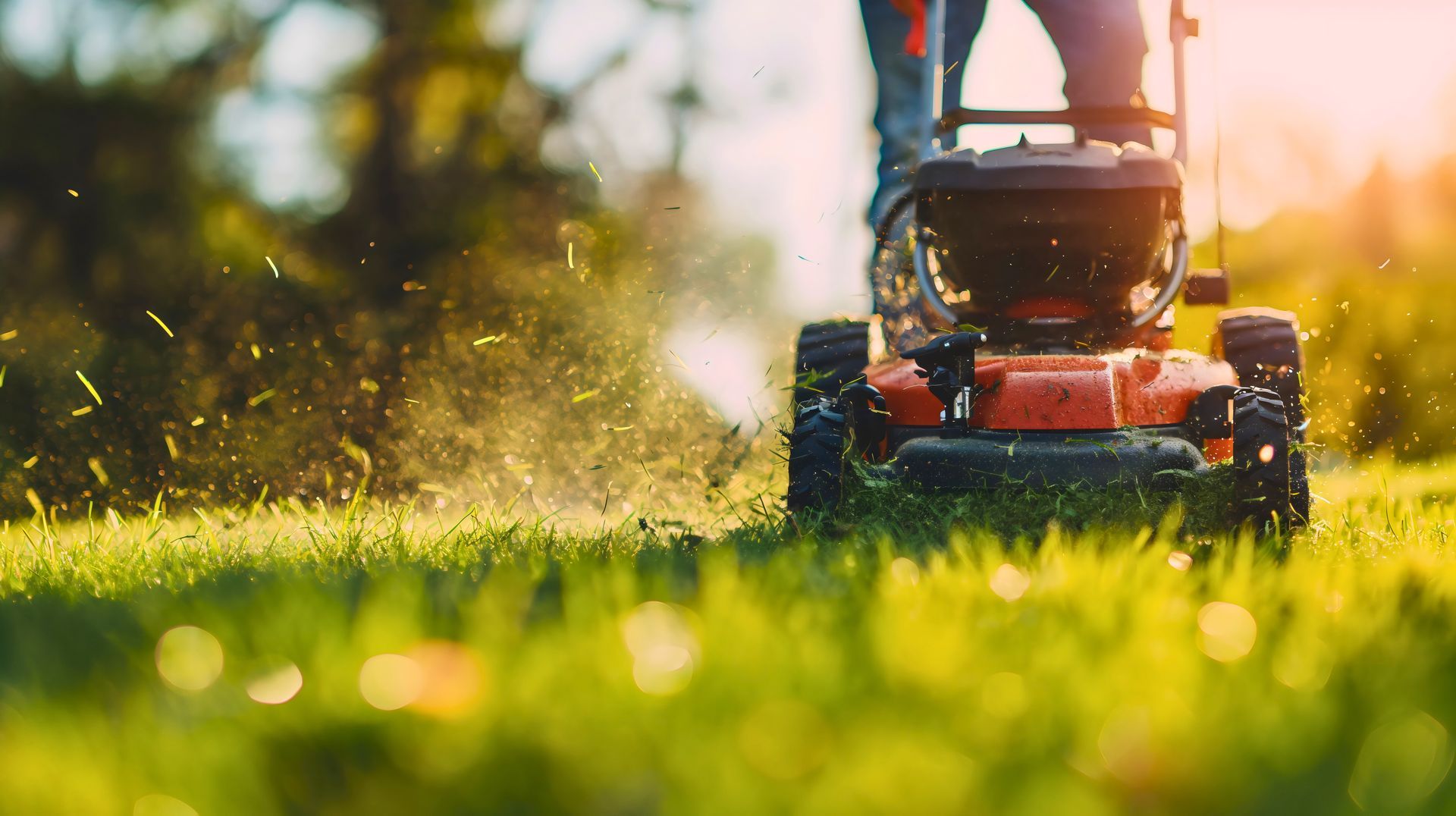Person mowing grass with a lawnmower in a sunny yard, blades of grass flying.