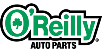 O'Reilly Auto Parts logo: Green text with clover icon in a black and white outlined circle, 