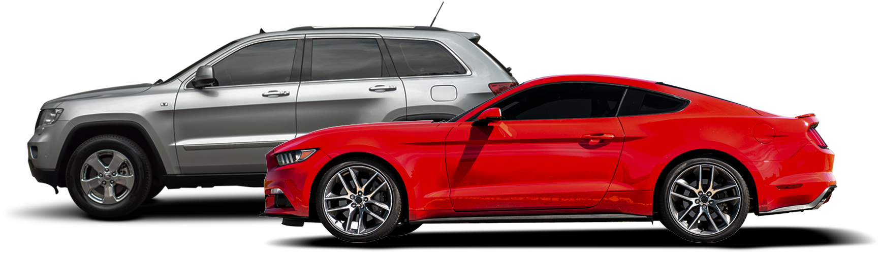Silver SUV and red sports car side-by-side, angled slightly. | DH Automotive