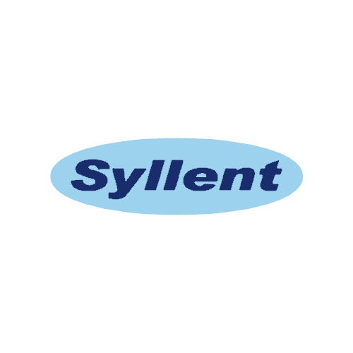 O logotipo da syllent é um oval azul sobre fundo branco.