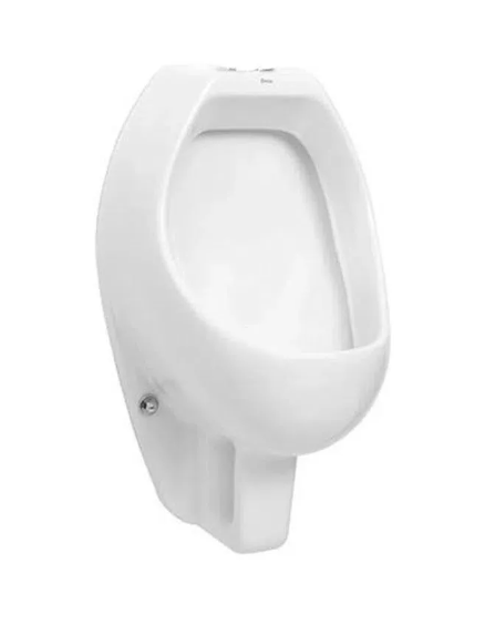 Um mictório branco com um sensor acoplado em um fundo branco.