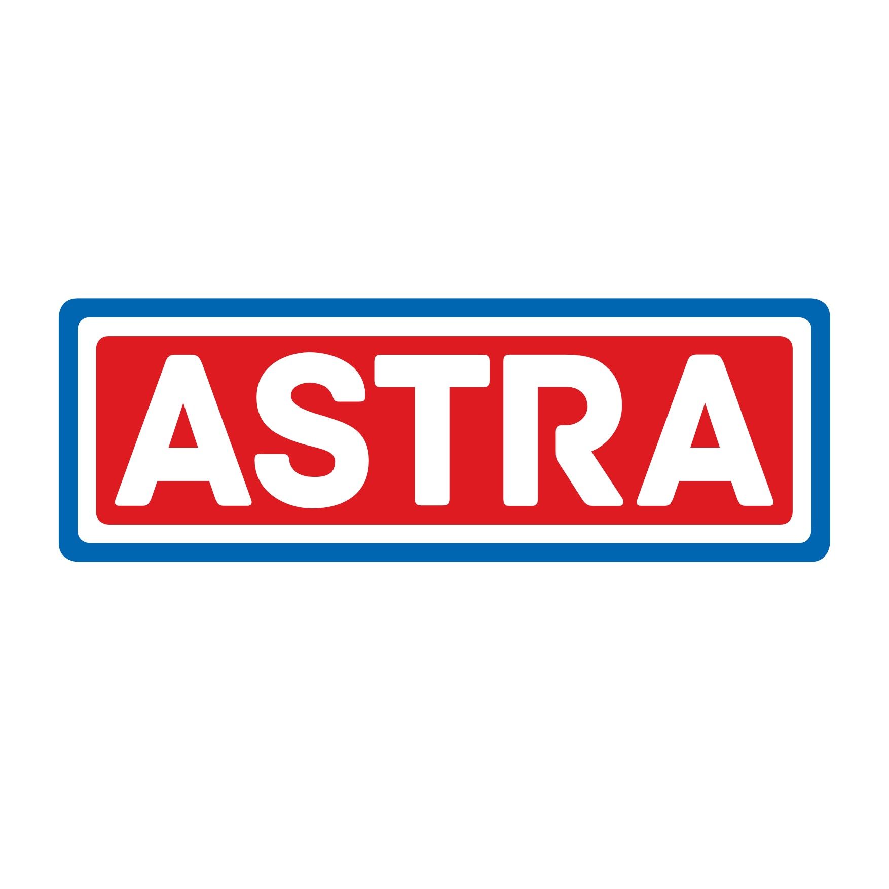 O logotipo do astra é um sinal vermelho e branco com uma borda azul.