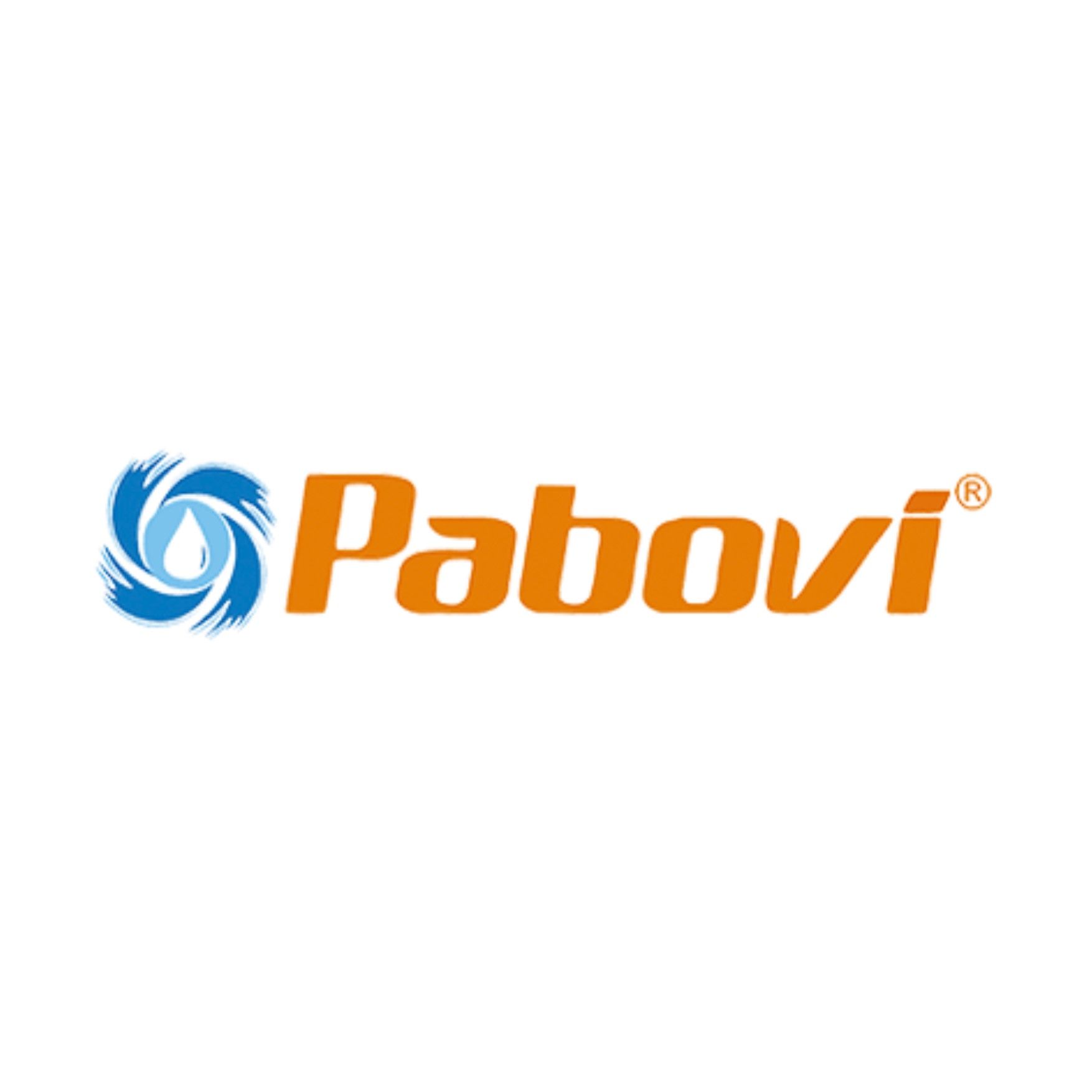 O logotipo do pabovi é laranja e azul com um redemoinho azul.