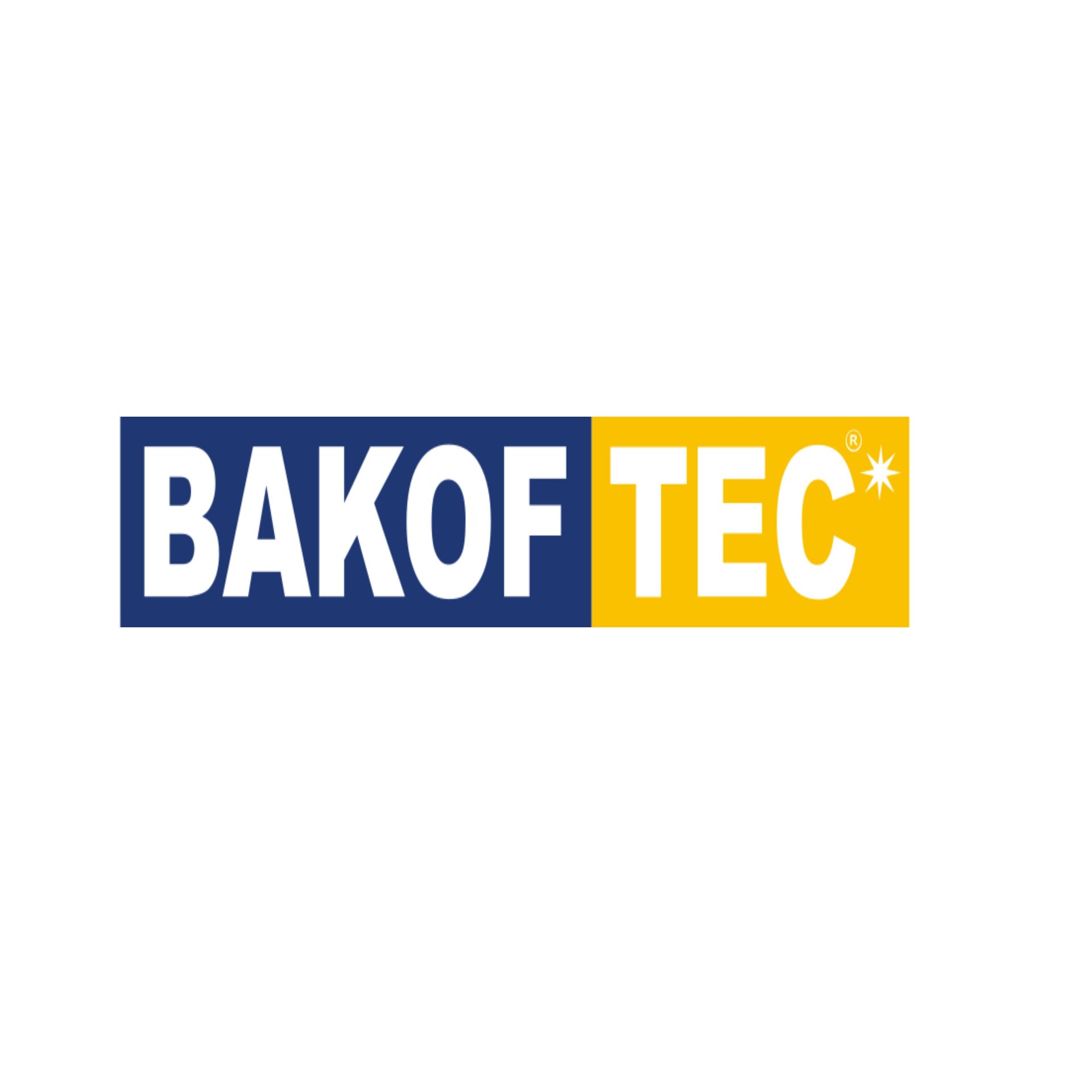Um logotipo azul e amarelo para bakof tec em um fundo branco.