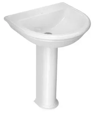 Uma pia de pedestal branca sobre um fundo branco.
