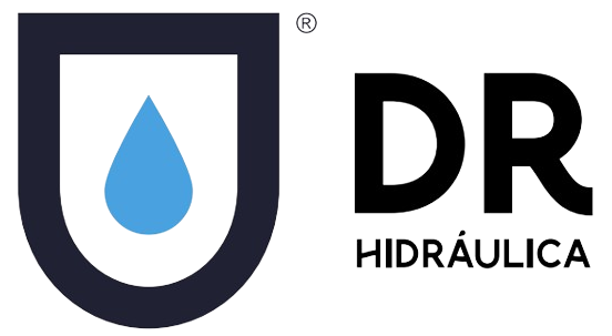Um logotipo da dr hidraulica com uma gota d'água no meio.