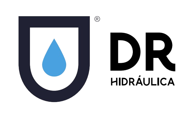 Um logotipo de uma empresa chamada dr hidraulica com uma gota d'água em um escudo.