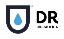 Um logotipo de uma empresa chamada dr hidraulica com uma gota d'água em um escudo.