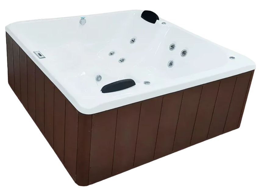 Uma banheira de hidromassagem branca com base marrom sobre fundo branco
