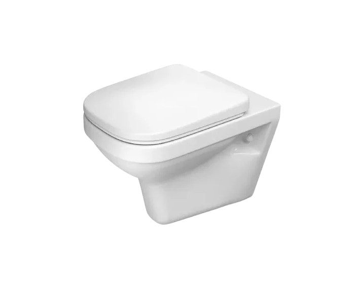 Um vaso sanitário branco montado na parede com assento quadrado sobre fundo branco.