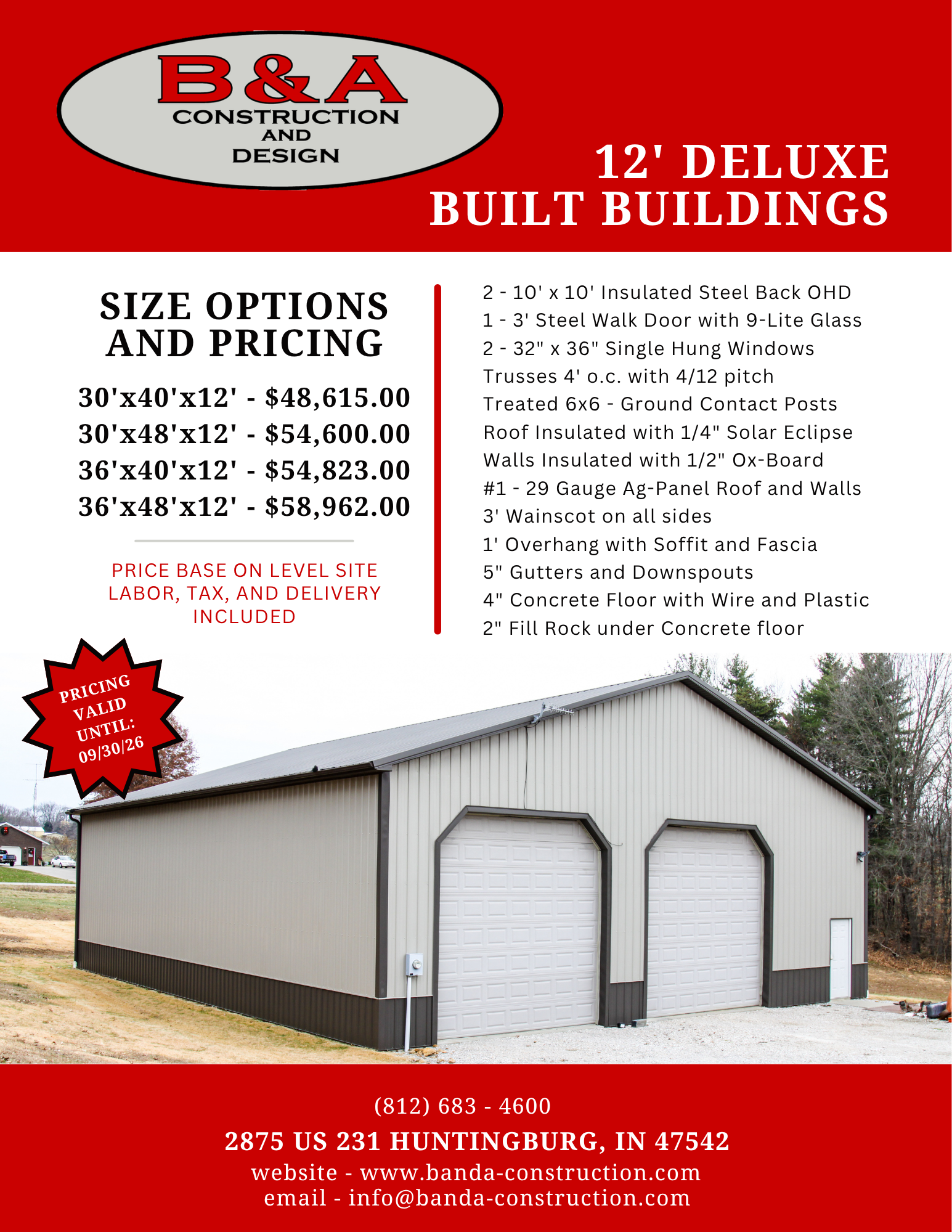 B&A Construction Deluxe 12' metal building ad with prices, features list, and white garage-style building photo