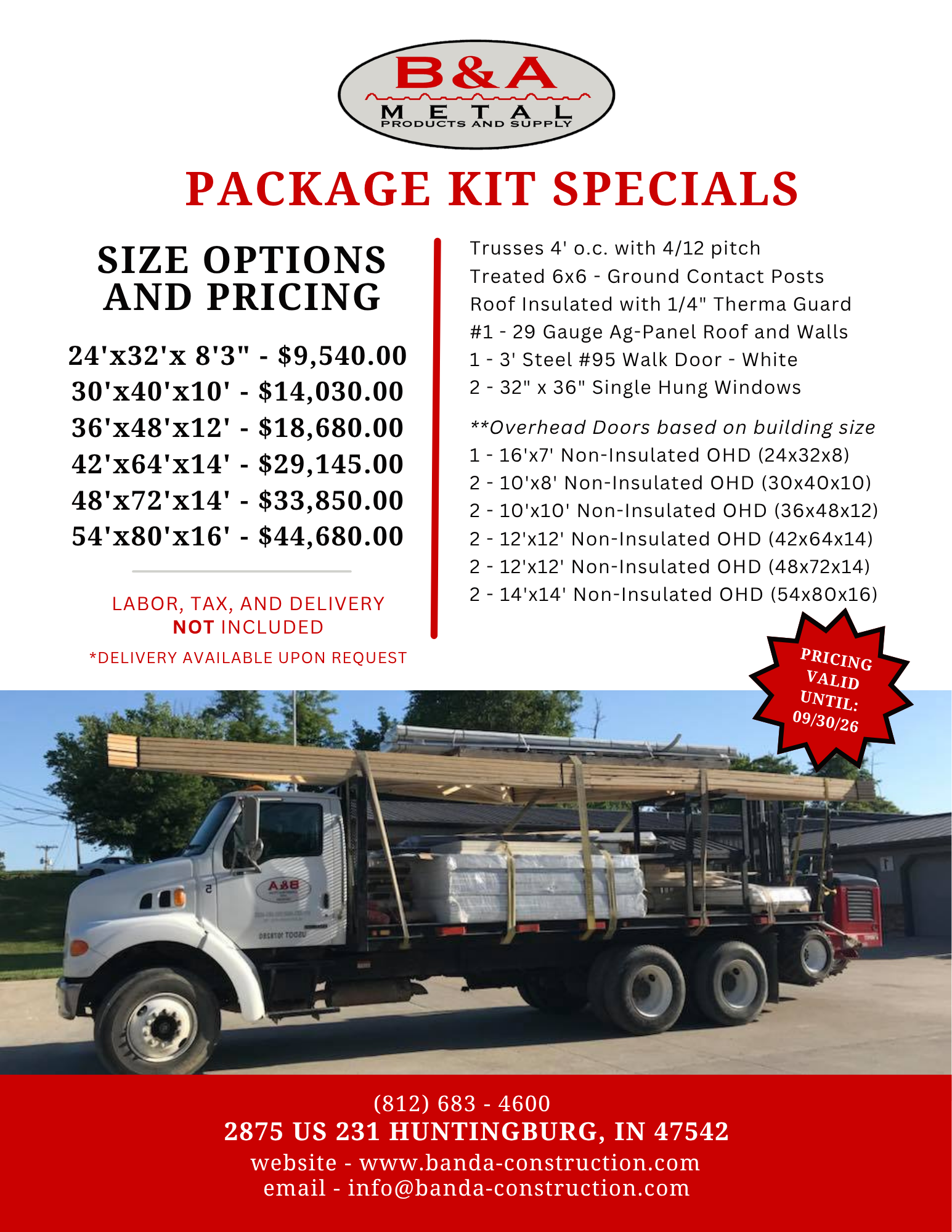 B&A Package Kit Specials flyer with flatbed truck and size options/prices on red and white background