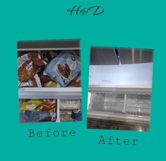 A before and after photo of a refrigerator cleaning.