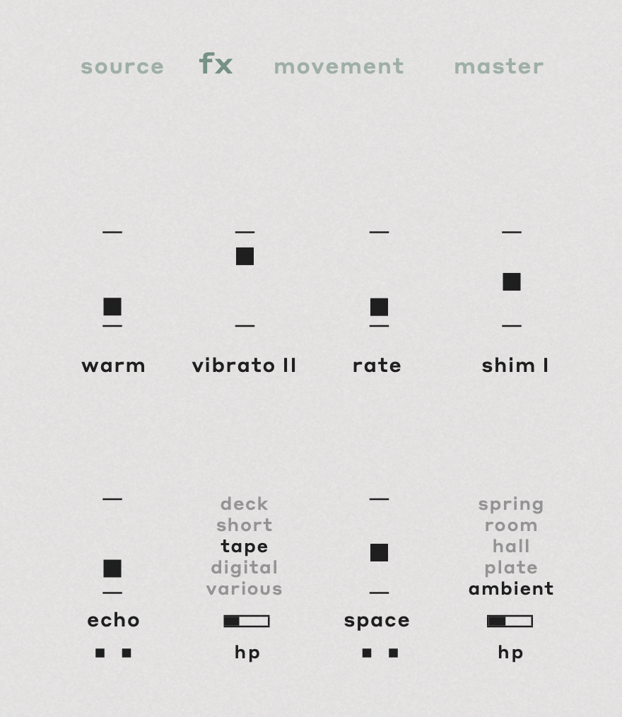 A screen shows various types of movement including warm vibrato and shim ii