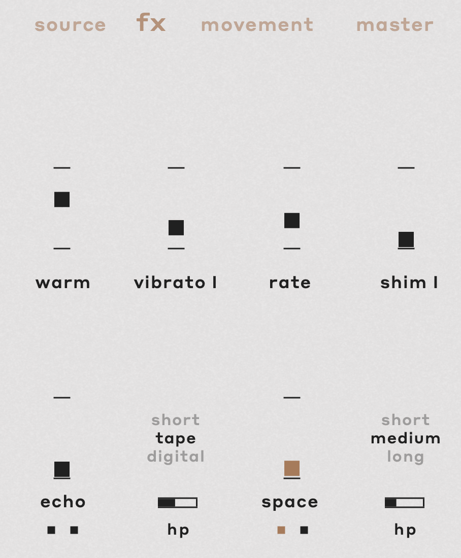 A screen shows various types of movement including warm vibrato and shim ii