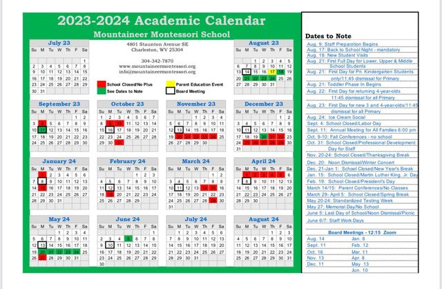 Calendar | Mountaineer Montessori School | Charleston, WV