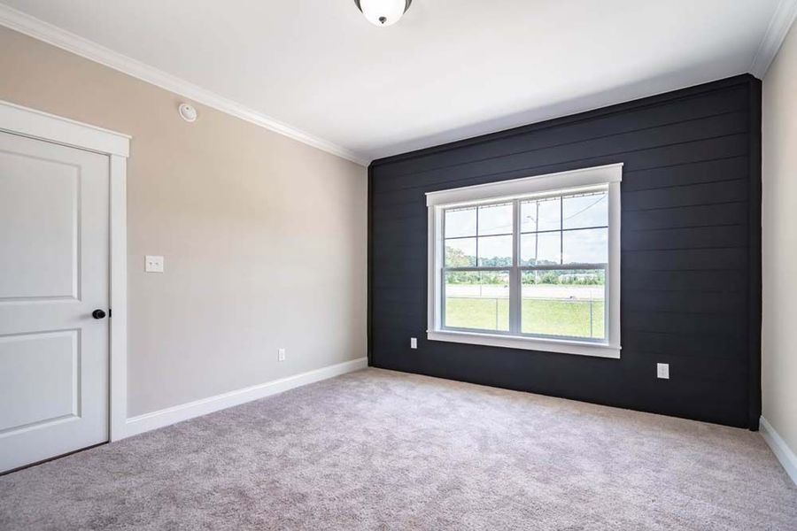 A bedroom with beige walls, gray carpet, and an accent wall featuring black horizontal wood paneling around a window.