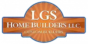 Logo for LGS Home Builders LLC in orange and white with a sunburst design behind the text.