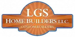 Logo for LGS Home Builders LLC in orange and white with a sunburst design behind the text.