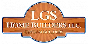 Logo for LGS Home Builders LLC in orange and white with a sunburst design behind the text.