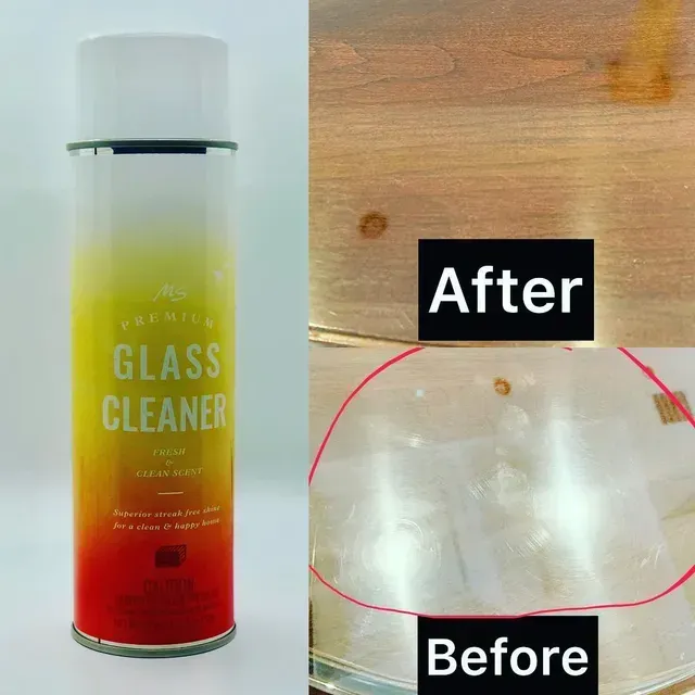 A gradient orange and red glass cleaner aerosol can beside a before and after comparison of a clean glass surface.
