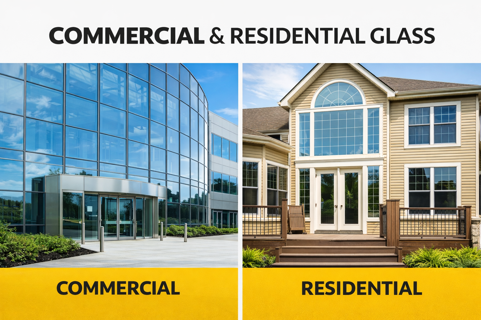 A split image showing a modern glass office building labeled