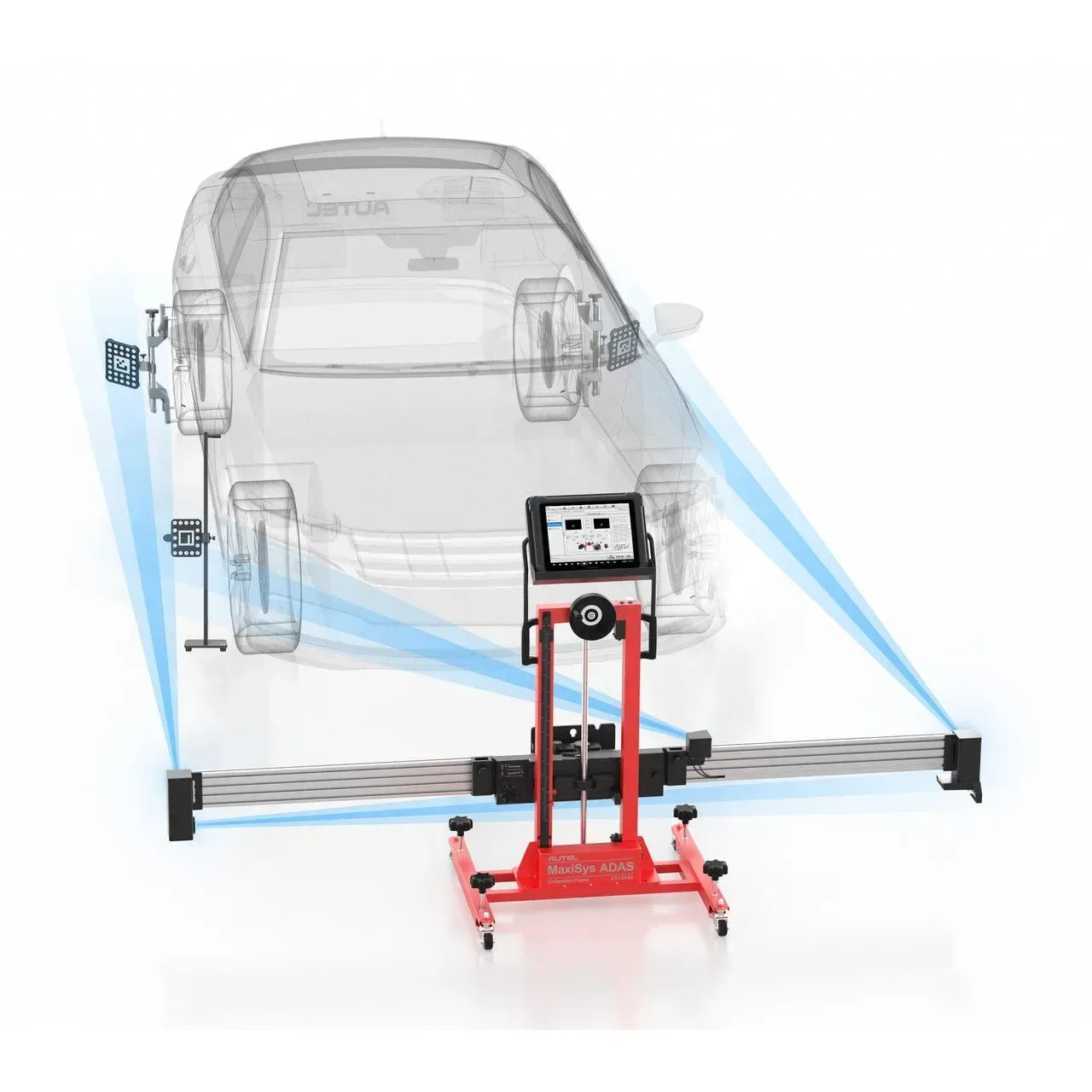 Car being aligned by a red wheel alignment machine; blue light beams measure wheel angles.