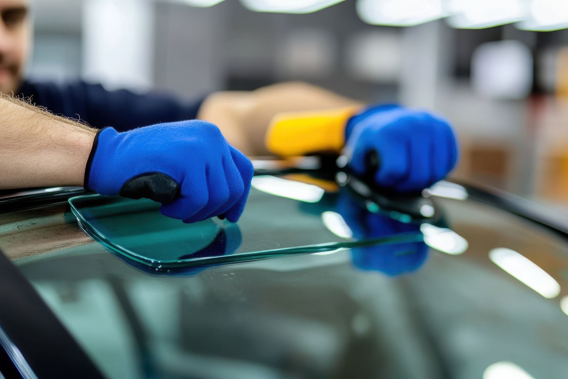 A person wearing blue gloves presses a glass windshield repair tool onto a car window in a garage.