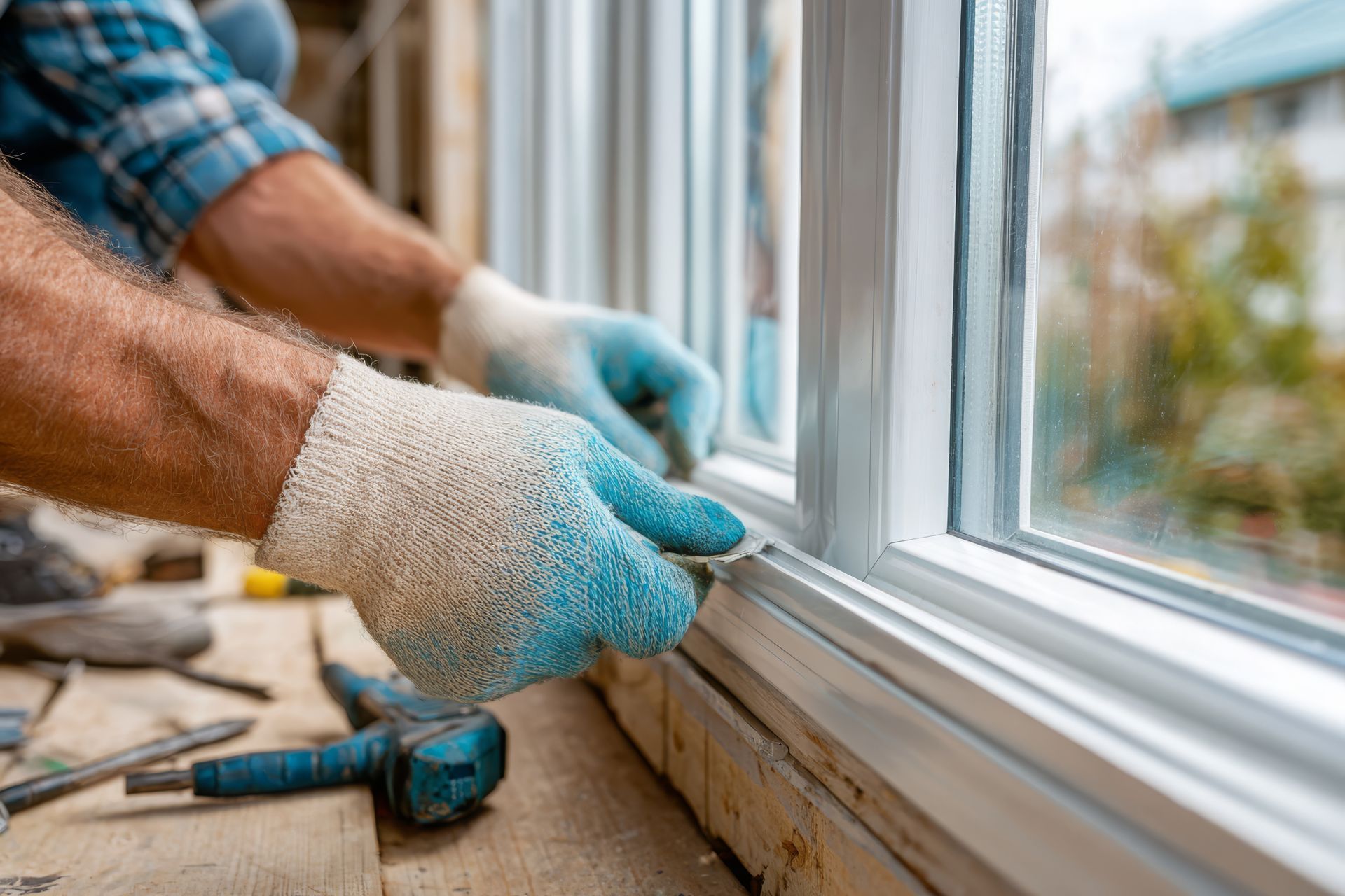 A construction worker wearing textured work gloves installs a white window frame in a room under construction.