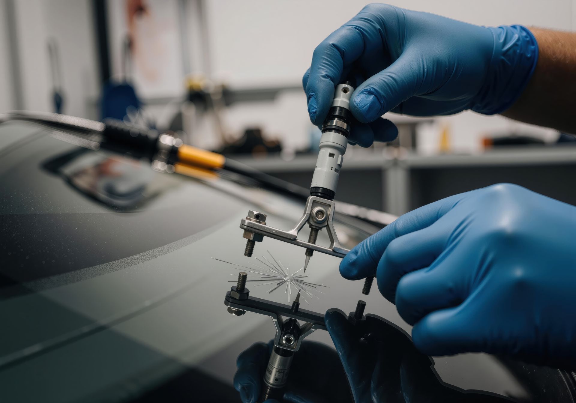 Hands in blue gloves repairing a windshield crack with a specialized tool in a repair shop.