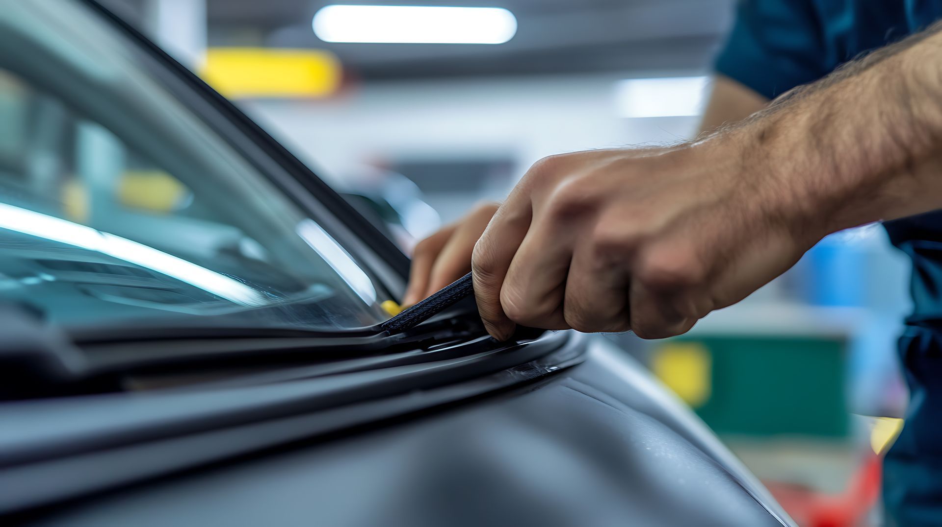 A person's hands installing a windshield wiper blade onto a car in a garage.