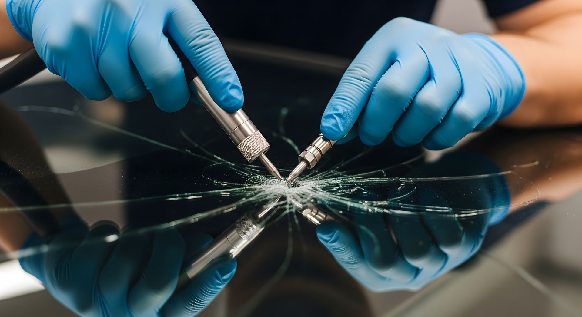 Hands wearing blue gloves repairing a cracked windshield with two tools.