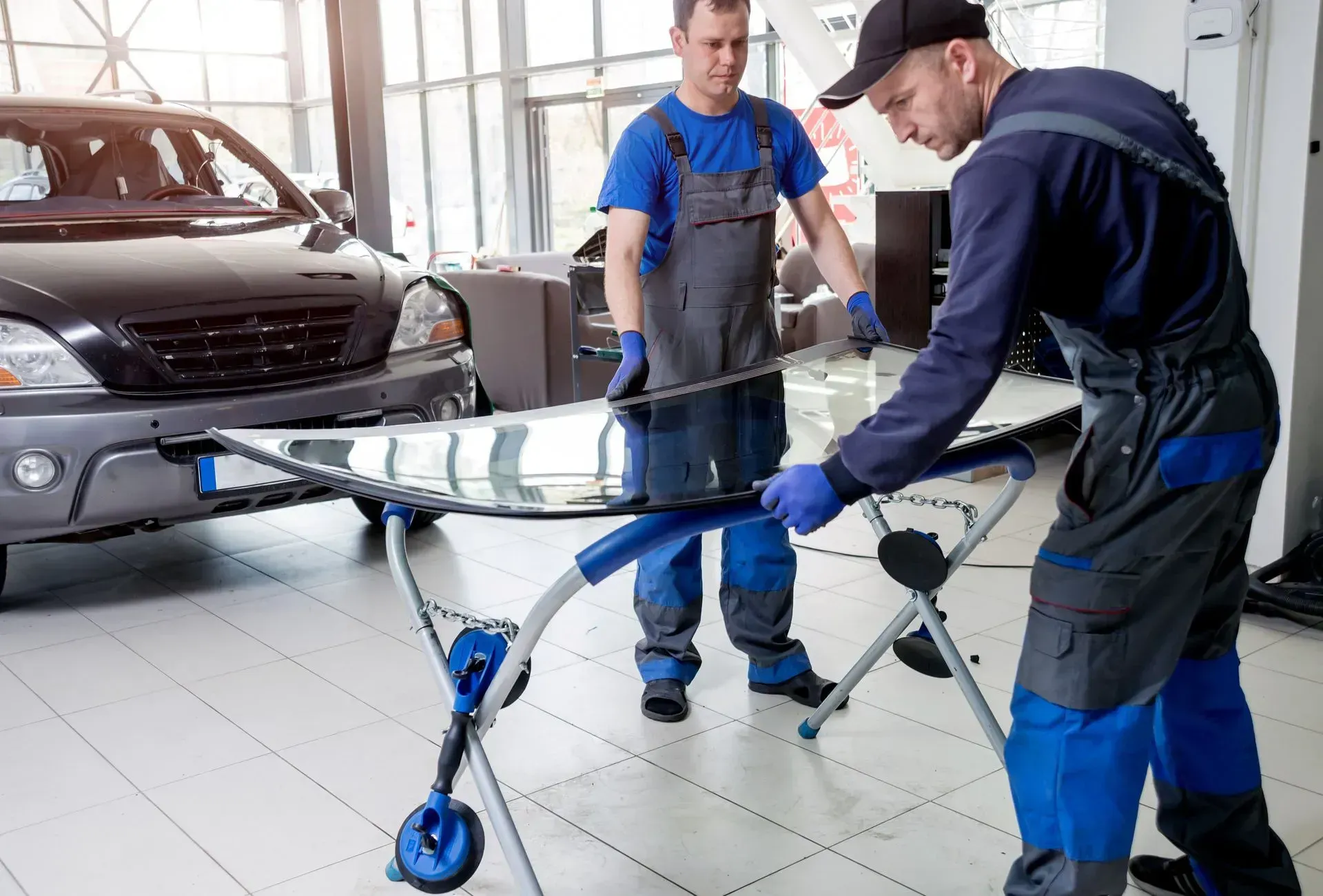 Two technicians in blue uniforms prepare to install a new car windshield in a bright auto repair shop.