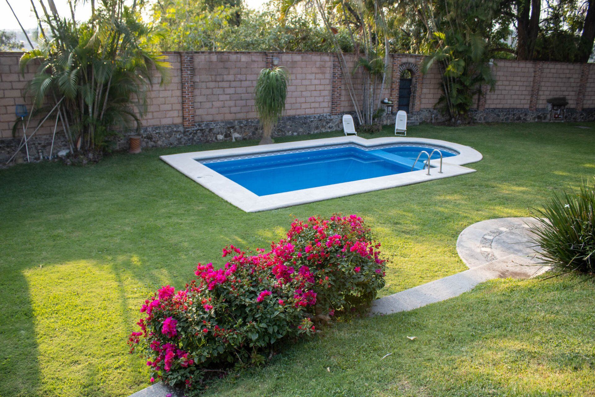 Una gran piscina está en medio de un exuberante patio verde.