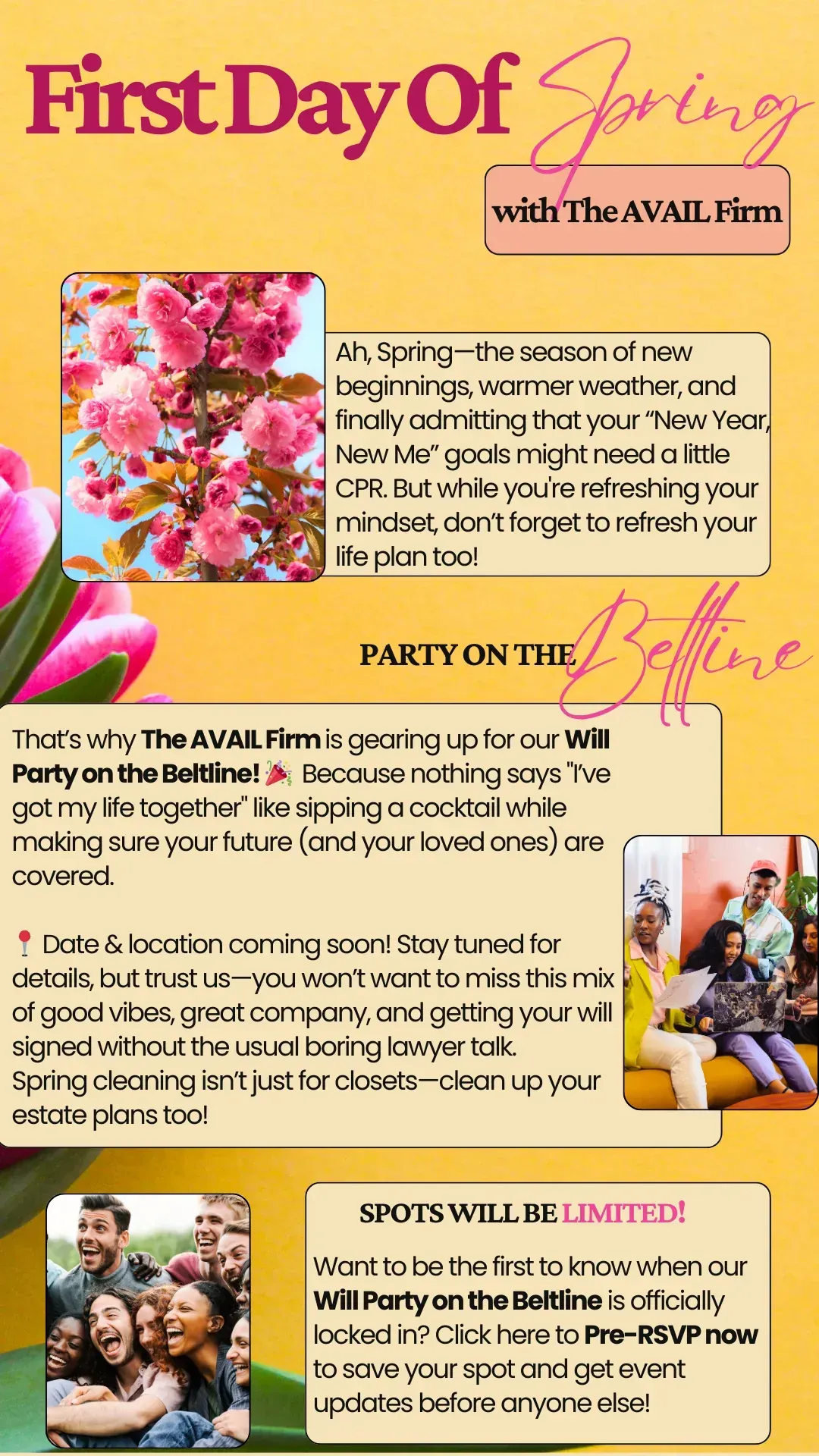 Flyer celebrating the first day of spring with the AVAIL Firm, promoting a 