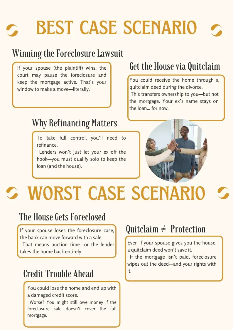 Infographic: Best/Worst case scenarios for home foreclosure. Includes text, a photo of people, and bulleted lists.