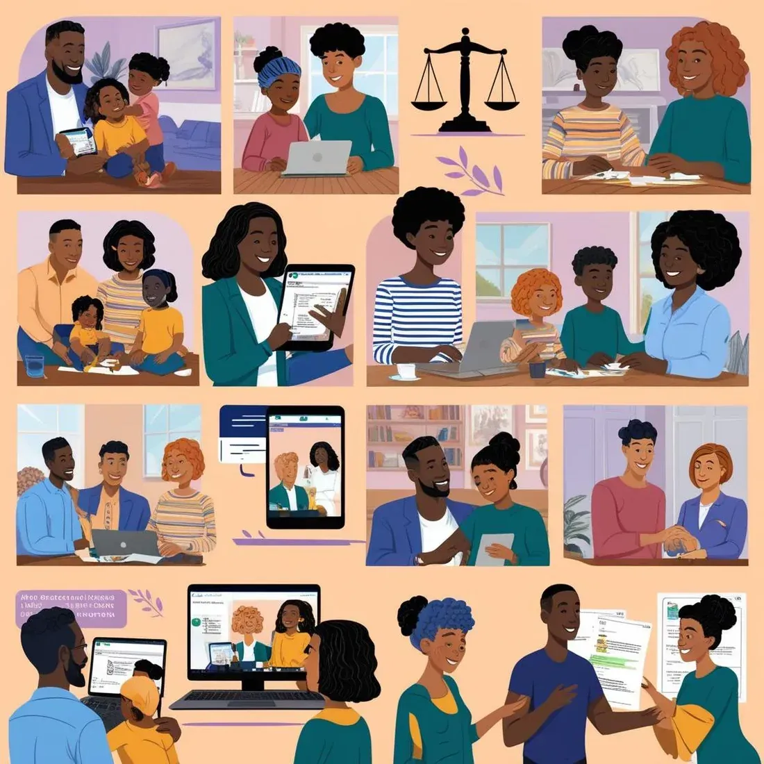 Series of illustrations depict diverse people interacting with technology, possibly for legal or financial services.