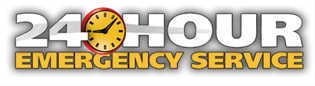 A 24 hour emergency service logo with a clock on it