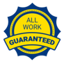 A yellow and blue badge that says `` all work guaranteed ''.