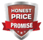 A red shield with the words `` honest price promise '' on it.