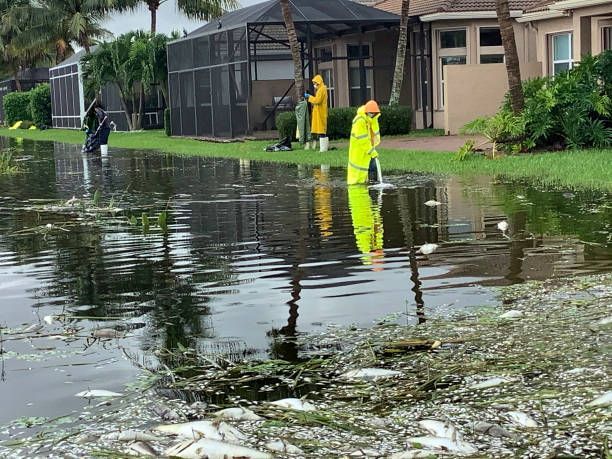 Flooded streets in Palm Beach County, with water covering vehicles and sidewalks, emphasizing the need for professional water extraction after severe weather.