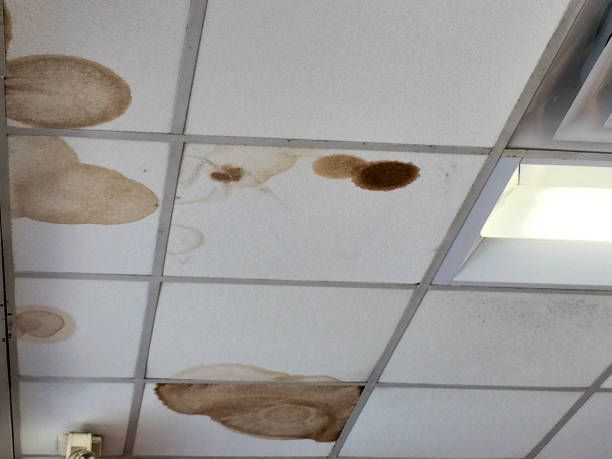Ceiling with visible water stains and damage above a toilet, indicating potential plumbing issues.
