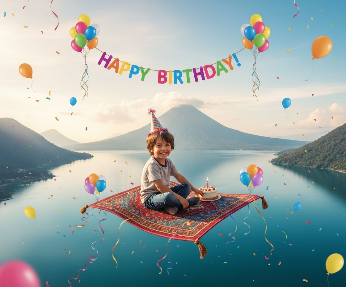 Junge auf fliegendem Teppich über Wasser mit „Happy Birthday“-Banner, Luftballons und Kuchen.