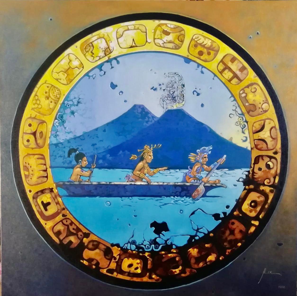 Ein Gemälde von Menschen in einem Boot mit einem Berg im Hintergrund