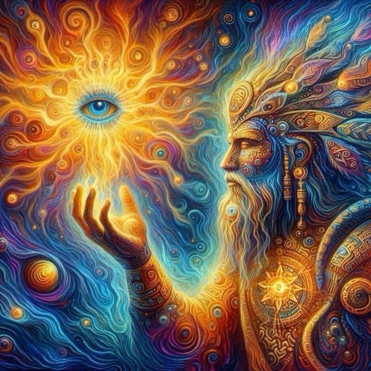 Weißer Löwe mit engelsgleichen Zügen, umgeben von leuchtendem Pastelllicht und geometrischen Formen.