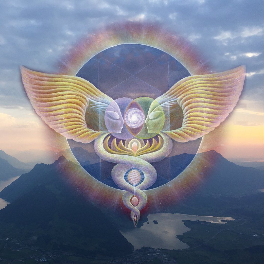 Ein Gemälde eines Caduceus mit Flügeln und einer Schlange mit einem Berg im Hintergrund.